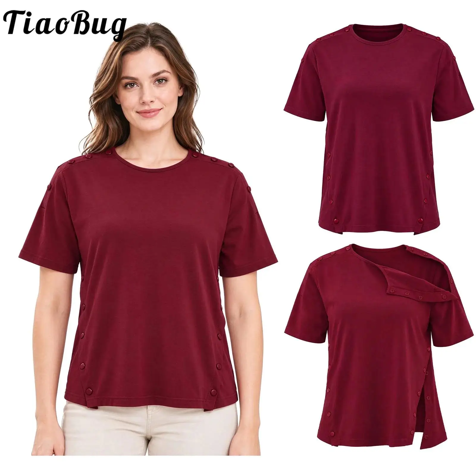 Women Adaptive Shirt Round Neck Short Sleeve Press Buttons Shoulders Sides Top for Post-operative Recovery Nursing Home