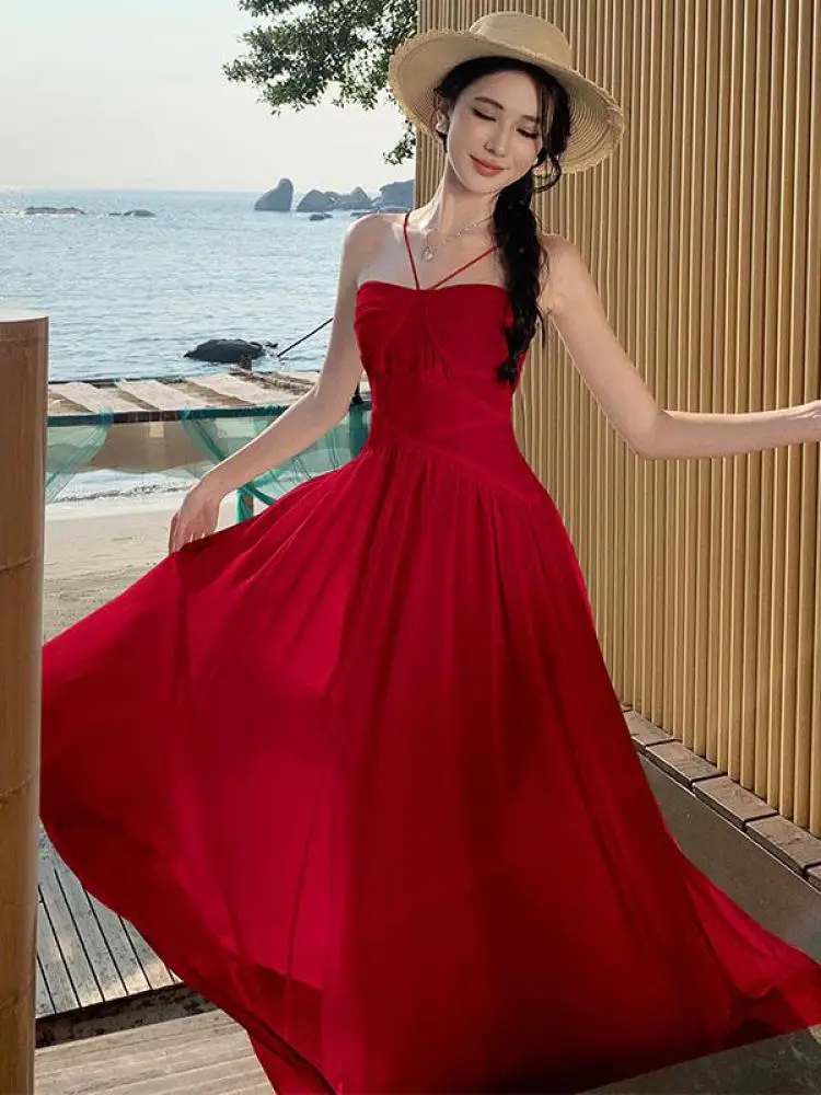 

New Women's Red Sexy Pleated Halter Long Dress Summer White High Waist Slim Elegant Backless Vacation Party Dresses 2025 Popular