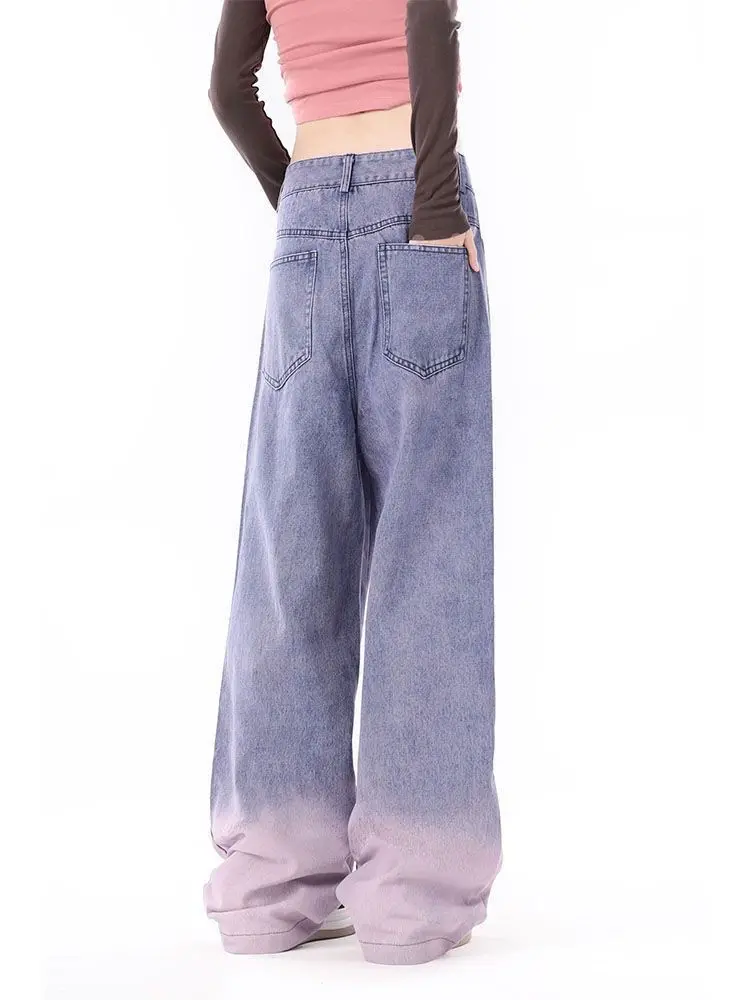 High-Waisted Gradient Purple Embroidered Denim Wide-Leg Pants For Women, Beautiful Loose Korean Style Retro Niche Casual Pants