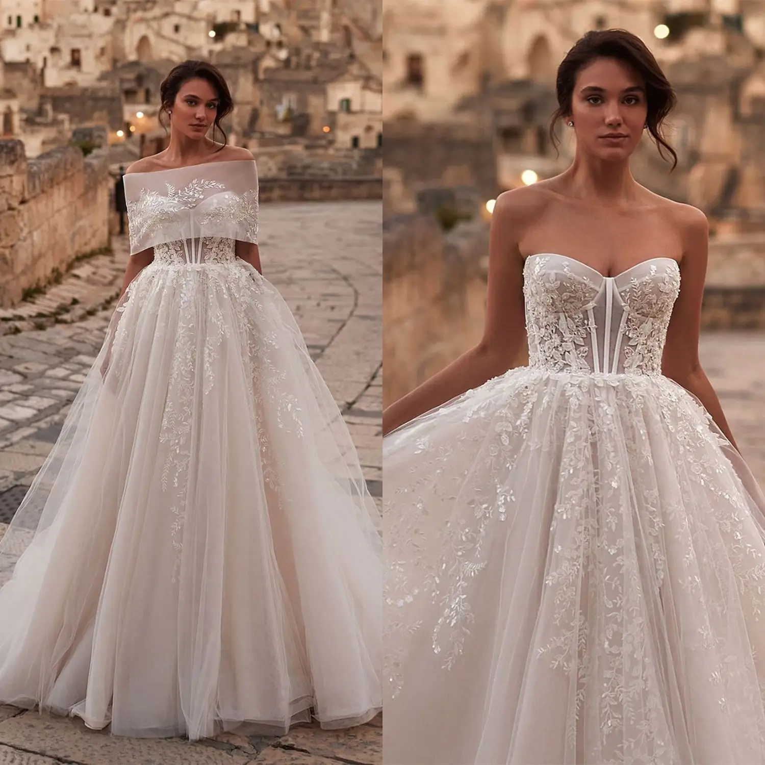 Floral Lace Strapless Wedding A Line With Capes Princess Style Illusion Bridal Gowns Sweep Train Custom Made Beach Garden