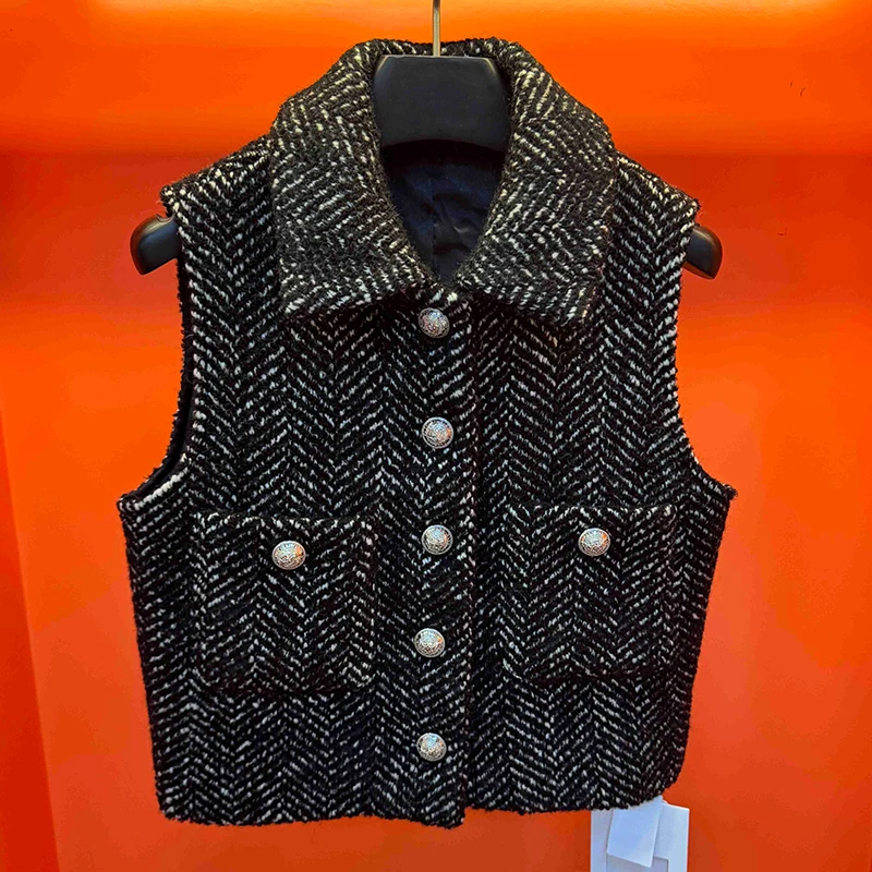 

Womens French Style Sleeveless Lapel Tweed Short Jacket Luxury Vintage Black Color Single-Breasted Large Pocket Suit Collar Vest