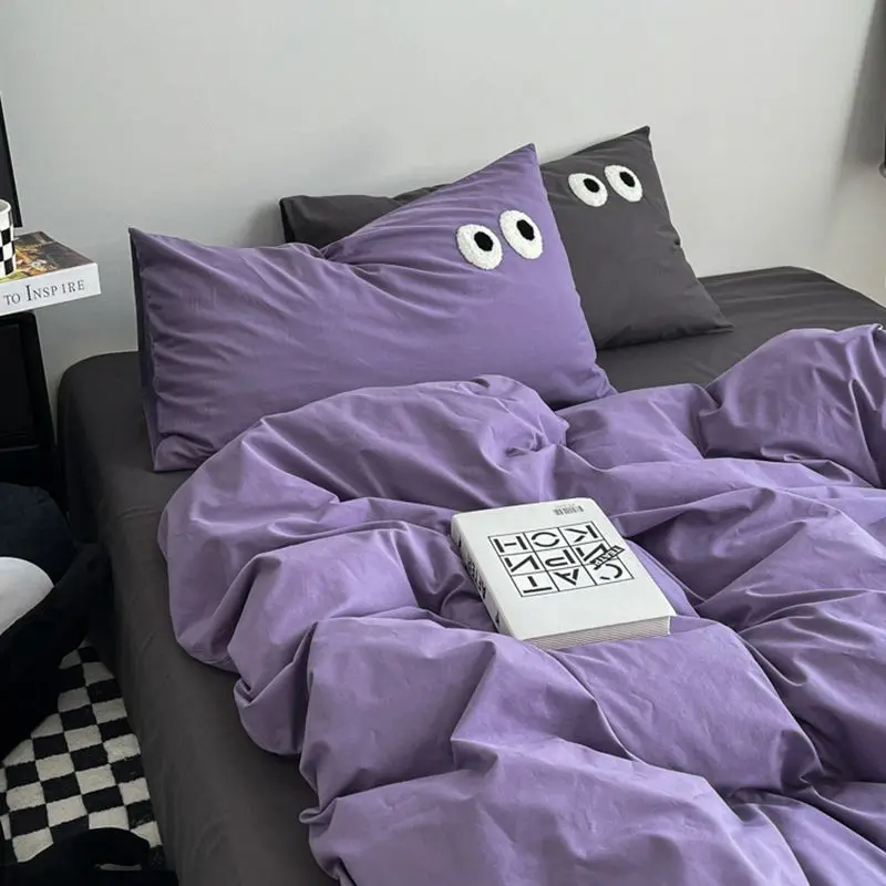 

Ins Style Nordic Bedding Set No Filling Duvet Cover Pillowcase with Cute Eye Embroidered Solid Color Single Queen Size Bed Linen