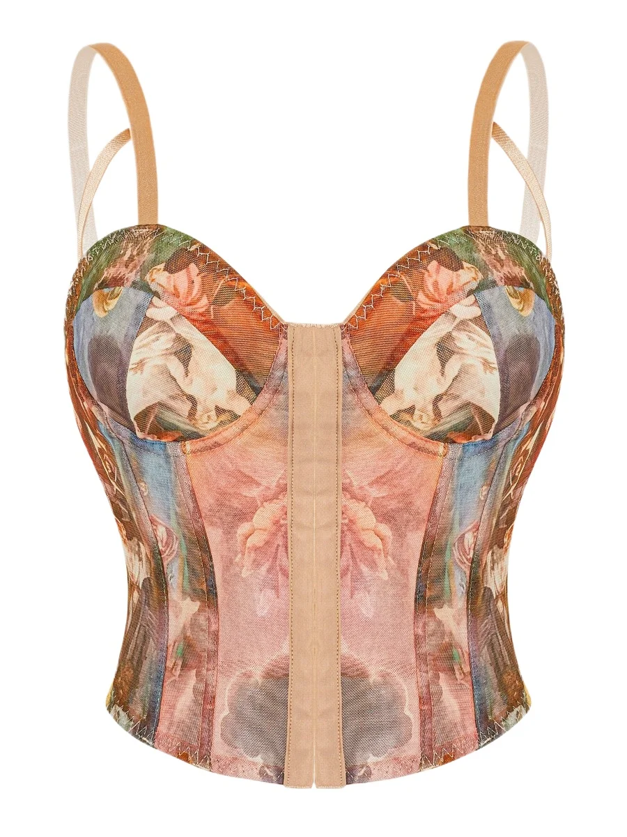 

ssTss Fashion Printed Corset Top Sexy Padded Bustier Ruched Waist Cinching Bodice Outerwear Tank Top Camisole Vest Corset