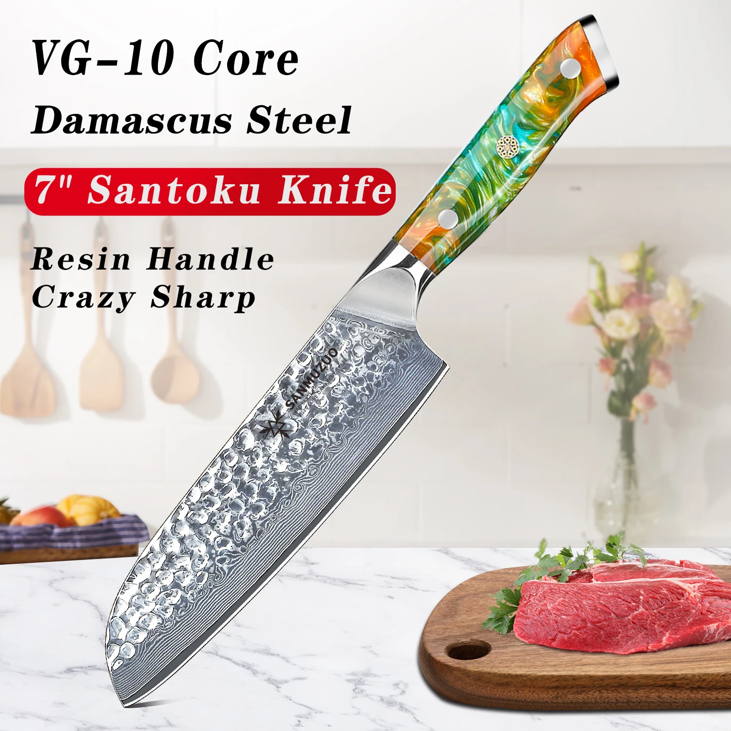 

SANMUZUO 7 inch - Santoku Knife - Yao Series - VG10 Damascus Steel Kitchen Knife - Resin Handle