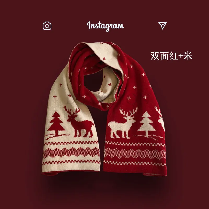 Christmas Pattern Long Scarf Knitting Winter Warm Womens Red Imitation Cashmeres Red Scarves double-sided Neckerchiefs