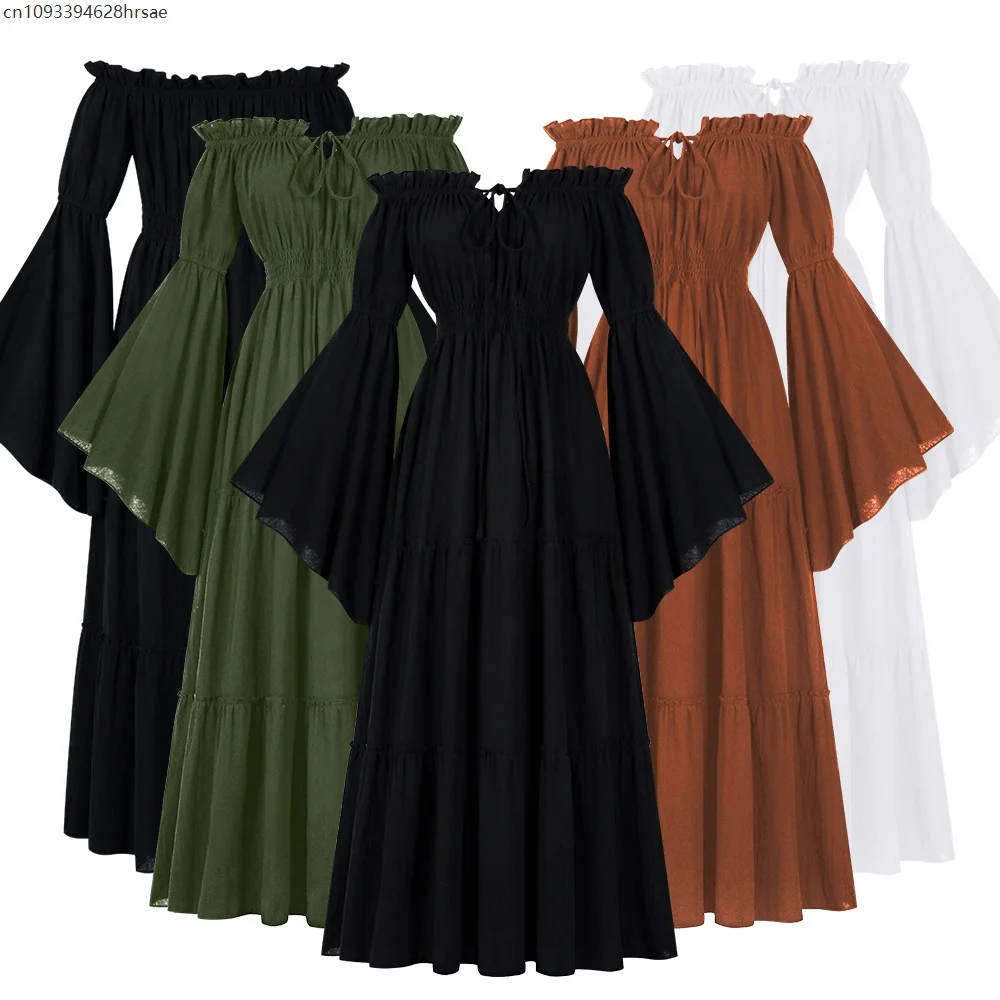 

Women Renaissance Irish Dress Off Shoulder Medieval Peasant Dress Pirate Costume Wench Retro Gown Smocked Waist Maxi Long Dress