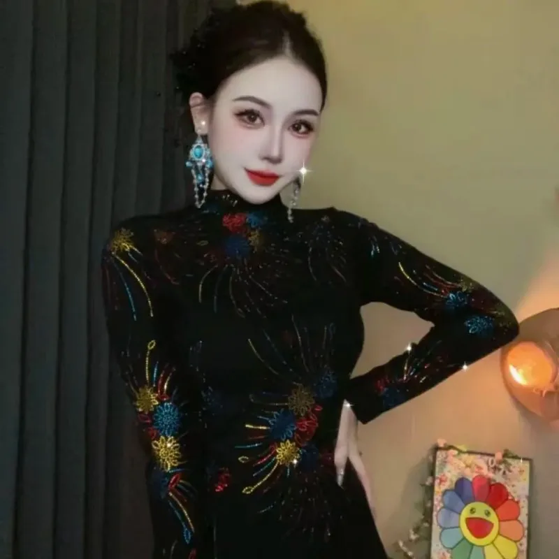 Autumn Winter New Style Half Turtleneck Hot Diamond Bottoming Shirt for Women Fashion Slimming Belly-covering Temperament Top