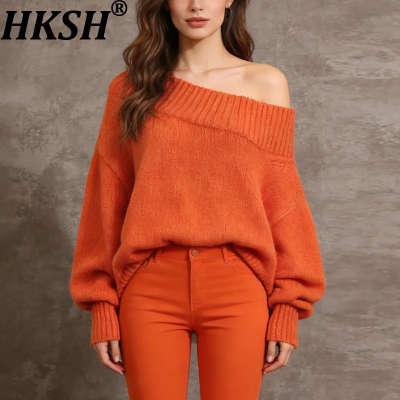 

HKSH осень-зима новый женский свитер пуловер с наклонным воротником и рукавами на подборах Soli Color Design Sense Temperament Ins топы HK11843