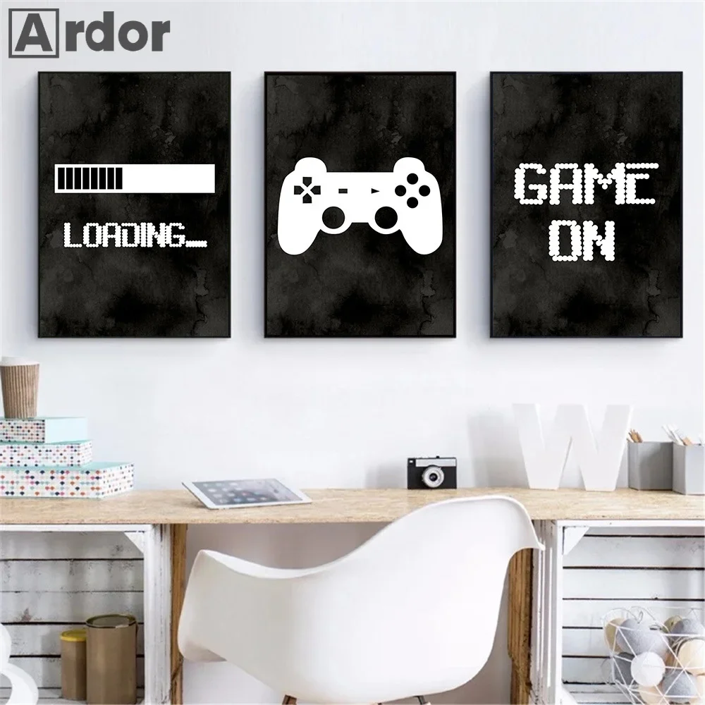 Play Kids Gaming Canvas Art Print Game Loading Poster Gamer Wall Painting Black And White Nordic Wall Pictures Boys Room Decor