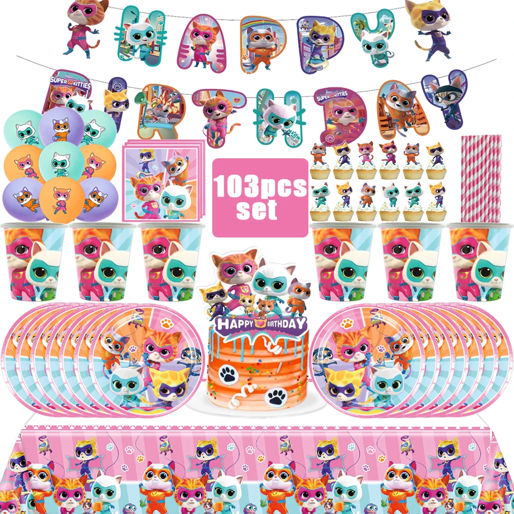 Superkitties Happy Birthday Party Decor Paw Meow Cat Super Kitties Tableware Tablecloth Plate Cup Gift Set Kid Party Supplie Toy