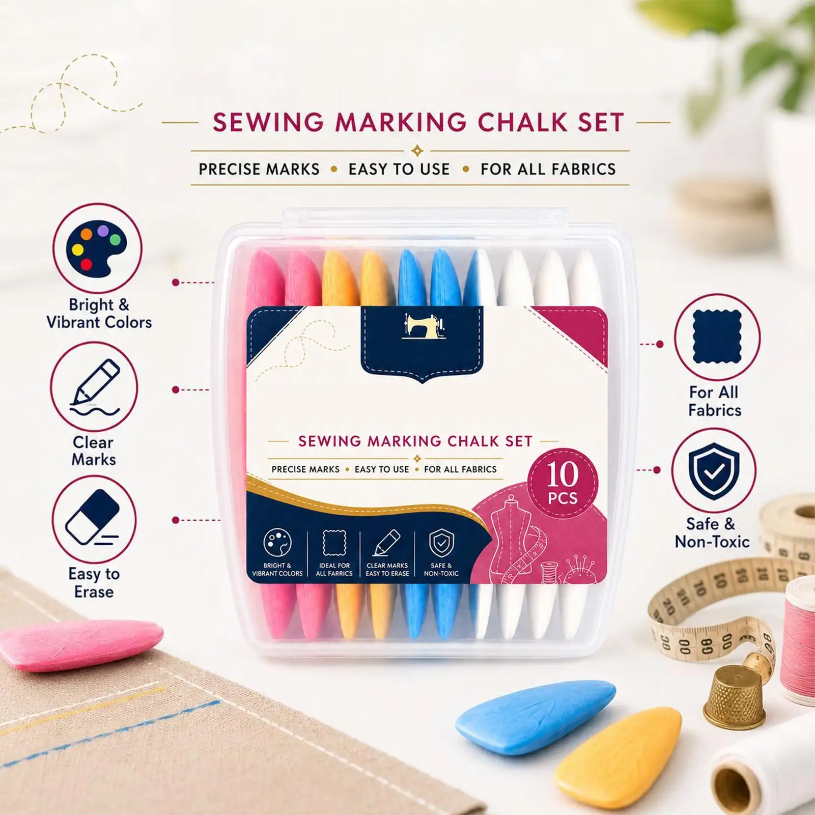 10PCS Triangle Tailor's Chalk Set Fabric Marking Sewing Chalk for Tailoring Quilting, Washable Fading Craft Chalk