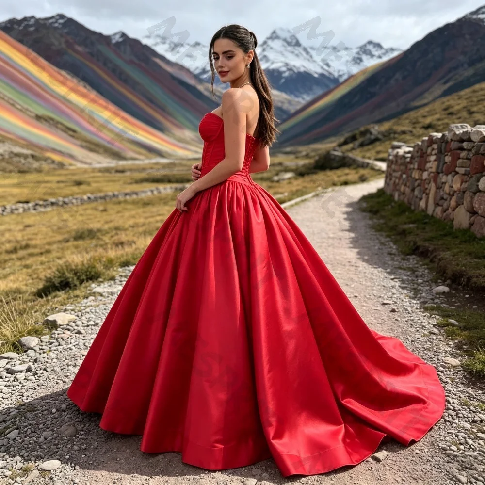 Customized Red Strapless Satin A-line Evening Dress 2026 Tight Corset Sweetheart Pleated Ball Gown Elegant Suitable for Parties