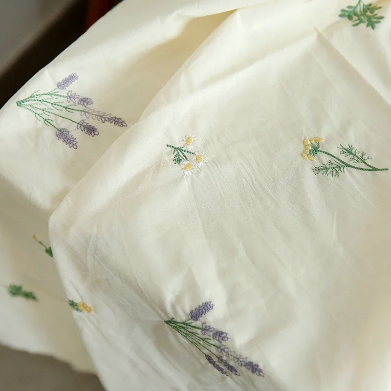 Beige Pastoral Lavender Embroidery Pure Cotton Fabric DIY Handmade Clothes Dress By the meter