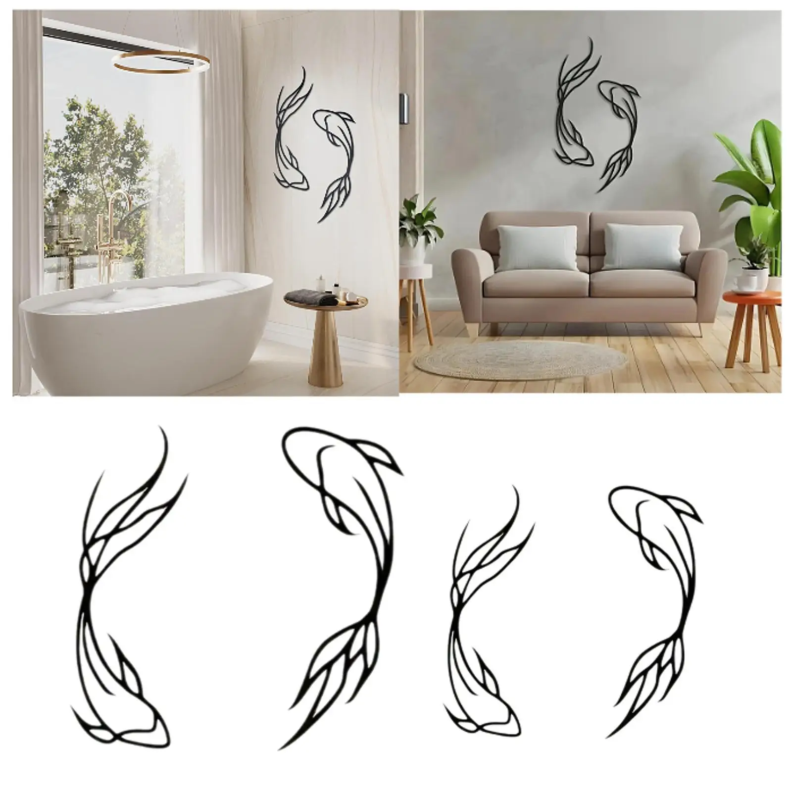 Arte de la pared de pez Koi de Metal, decoración abstracta, creativa, moderna, japonesa, línea minimalista para baño, cocina al aire libre, dormitorio interior, 2 uds.