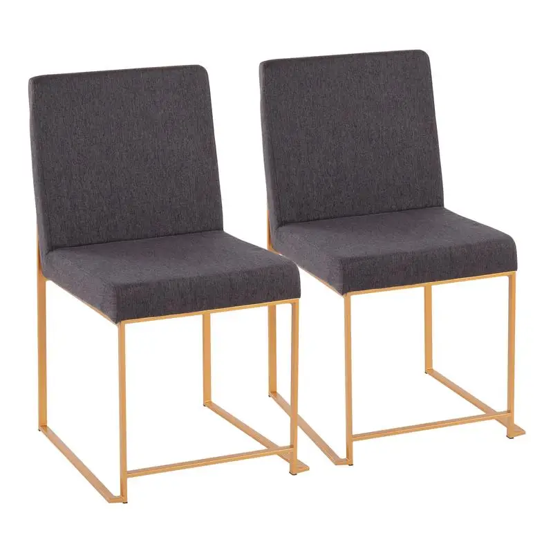 High Back Contemporary Dining Chair Set in Gold Steel and Charcoal Fabric - Set of 2