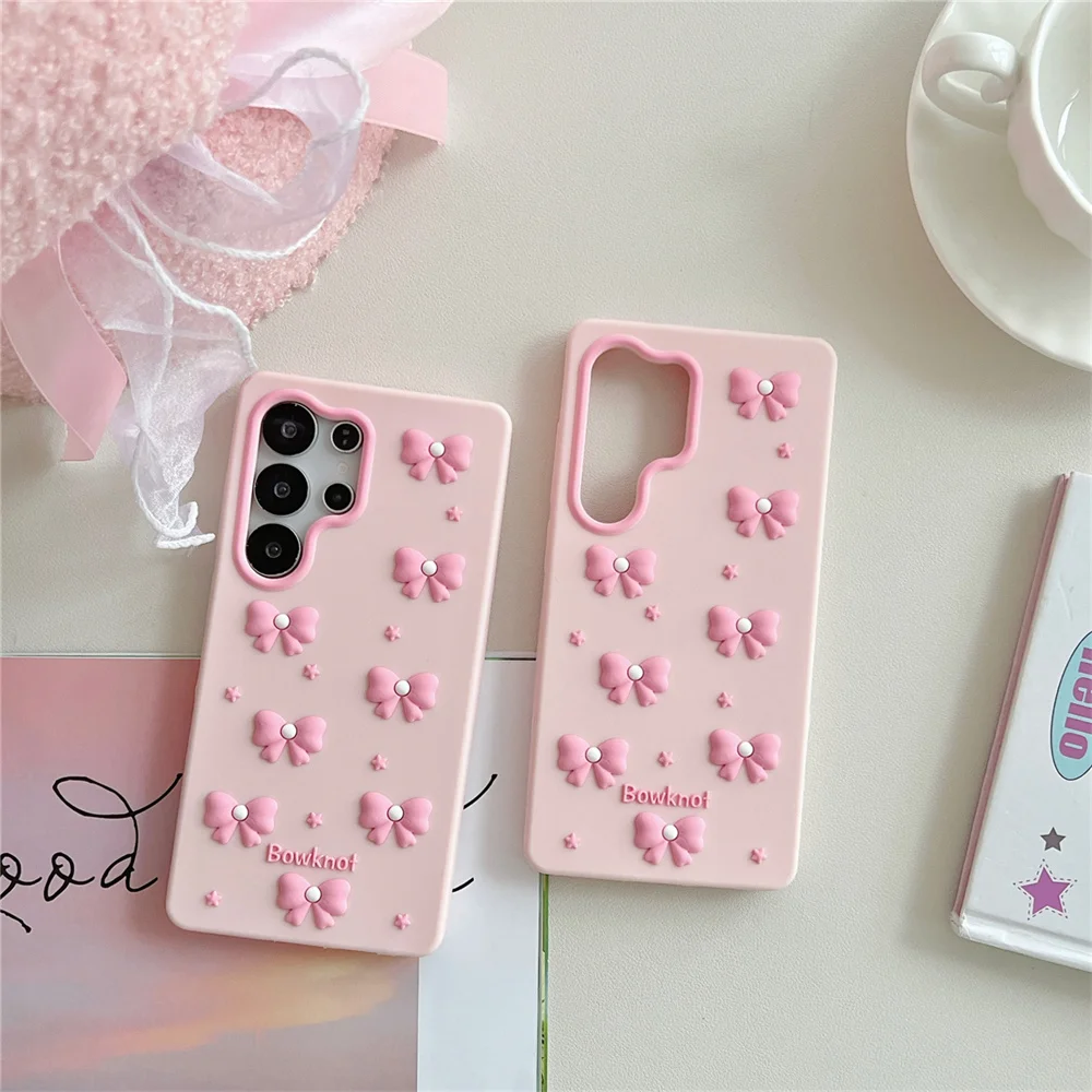 Kawaii Pastel Pink Pearl Bow Star Phone Case for S26 Ultra Romance Soft Silicone Protective Cover for Samsung Galaxy S25 S24 A56
