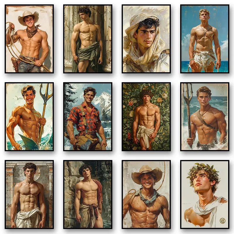 Vintage Muscular Male on The Beach Greek God Portrait Posters and Prints Canvas Printing Wall Art Picture for Living Room Decor