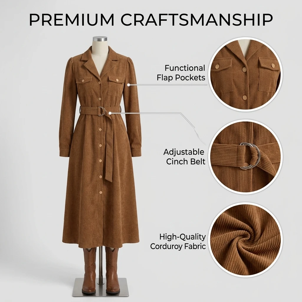 Corduroy Shirt Dress for Women - đánh giá và giá Women'S Fashion Utility Belt