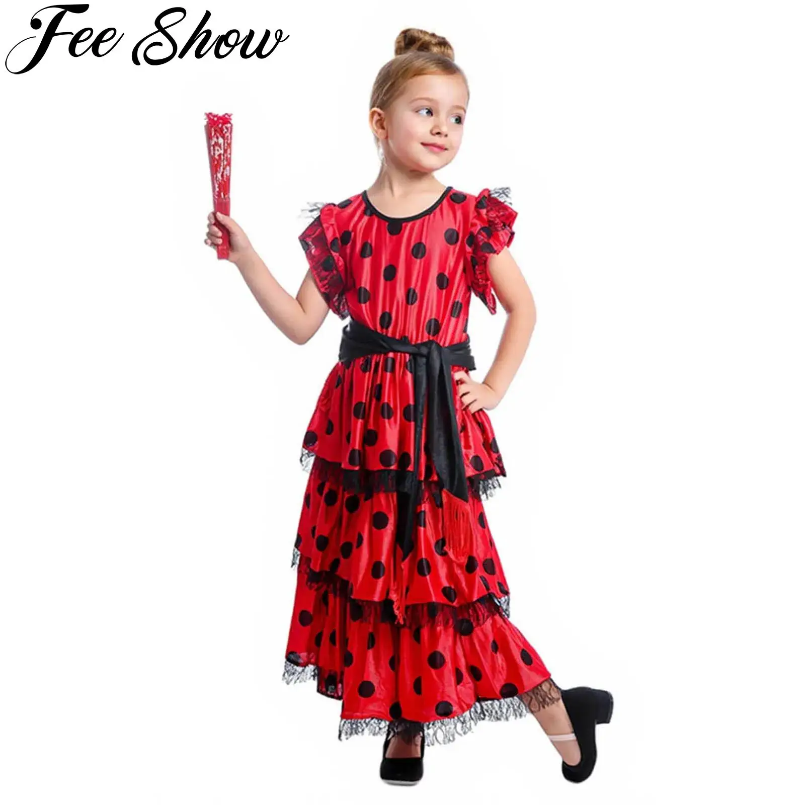 

Kids Girls Spanish Flamenco Dance Dress Polka Dot Layered Ruffled Lace Dresses with Waist Belt Fan Carnival Performance Costume