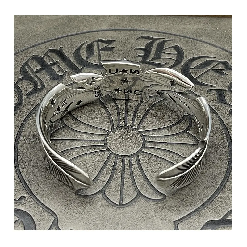 

Punk Hip Hop Thai Silver Vintage Feather Pentagram Large Bracelet Men's and Women's Jewelry Open Bracelet Heavy Industry Exagger
