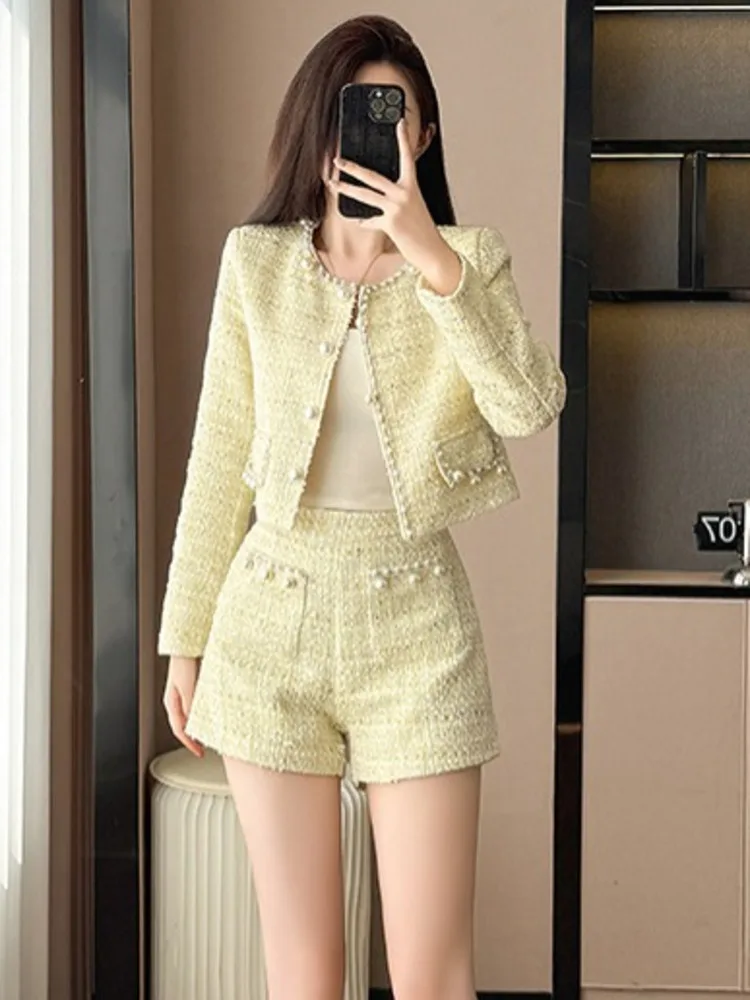 خريف جديد الفرنسية الراقية دعوى الاجتماعية الحلو معطف قصير أعلى عالية الخصر ضئيلة مجموعة تي شيرتات قصيرة للأطفال أنيقة قطعتين مجموعات ملابس النساء