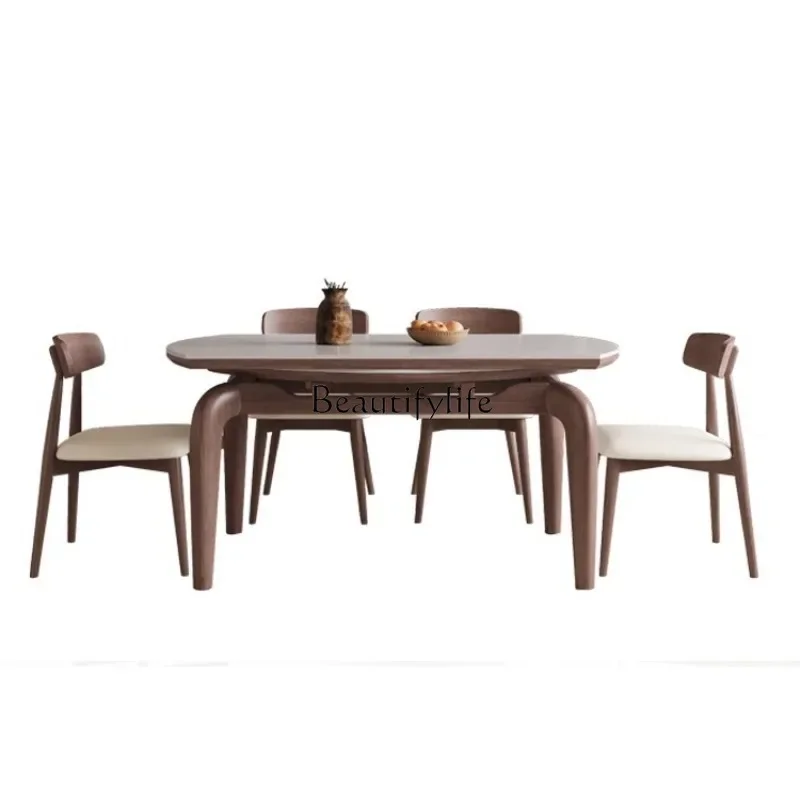 

LSolid wood dining table and chairs retractable rock slab table full pallet household folding square and circle dual-purpose