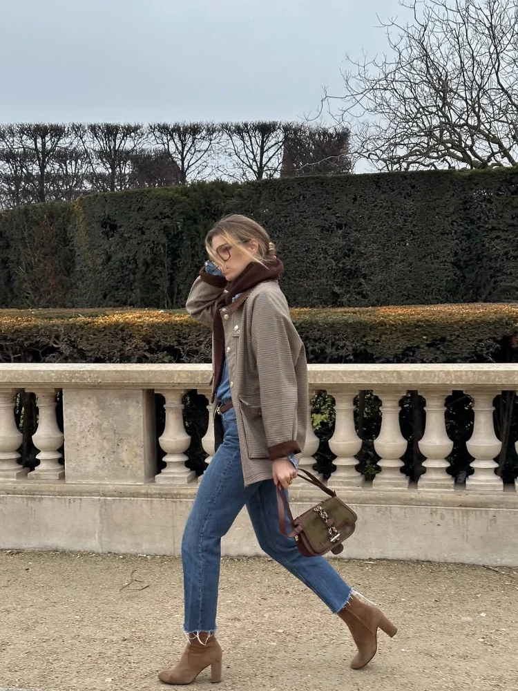 Veste à carreaux manteau femmes vintage boutons poches plaquées femmes coupe ample manteaux courts début automne décontracté vêtements d'extérieur à la mode