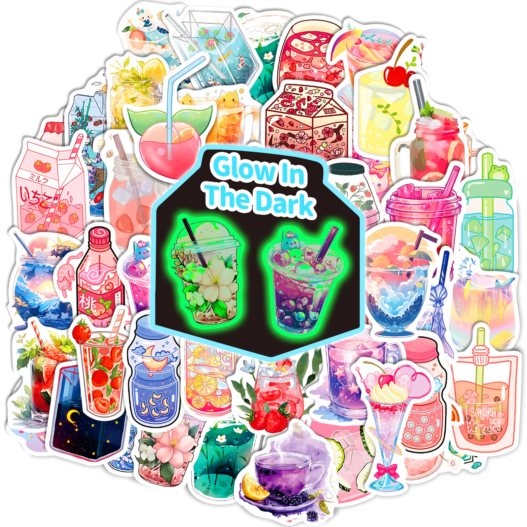 Glow in the Dark Stickers，51PCS Beveragest Water Bottle Pattern Stickers Skateboard Phone Case Waterproof Stickers