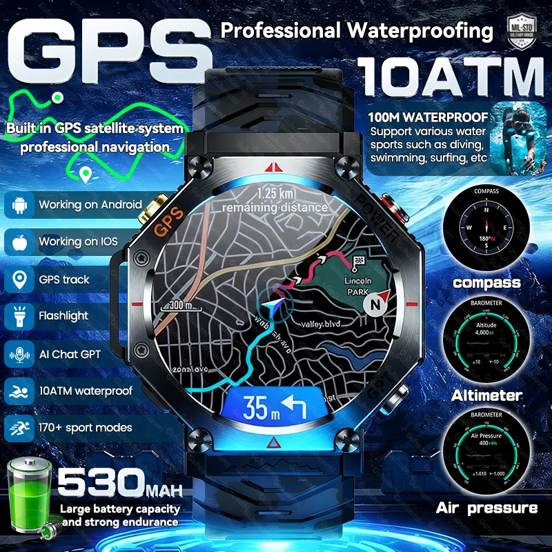 2026 New Adult Outdoor X-sports Smart Watch GPS Compass Altimeter 10ATM Waterproof 530mAh Battery BT Call Men MIL-STD Smartwatch