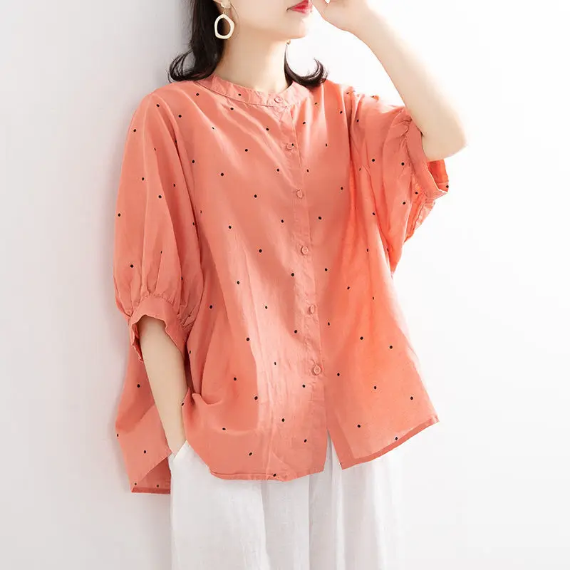 Women's Cotton Linen ort Sve irt round Ne Polka Dot Casual Top Comfortable Breathable Summer Faion