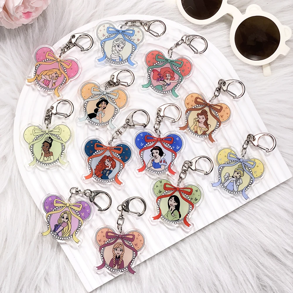 Llavero acrílico de Disney, Ariel, Anna, Cenicienta, Merida, accesorios para bolsa, colgante para mochila, llavero, regalos para amigos, 1/12 Uds.