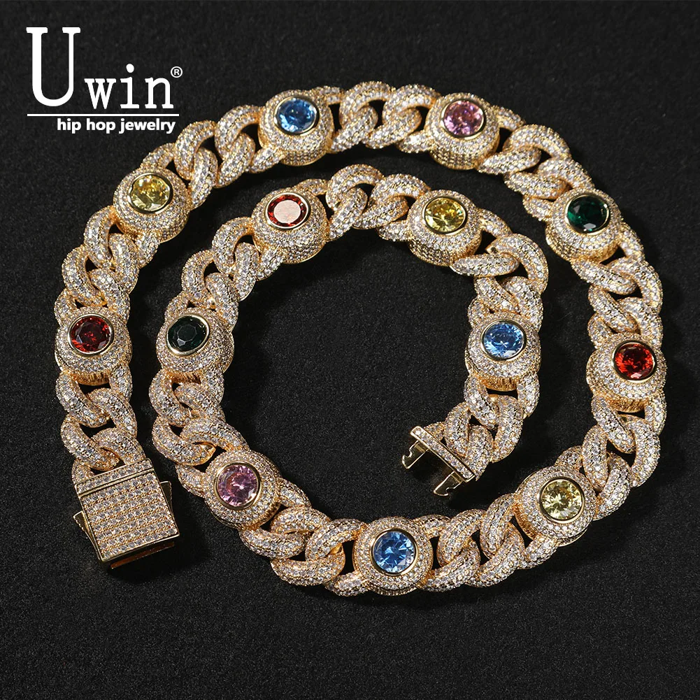 

UWIN цветное круглое ожерелье с фианитом 15 мм кубинская цепочка Full Iced Out CZ Link Роскошное колье ювелирные изделия в стиле хип-хоп