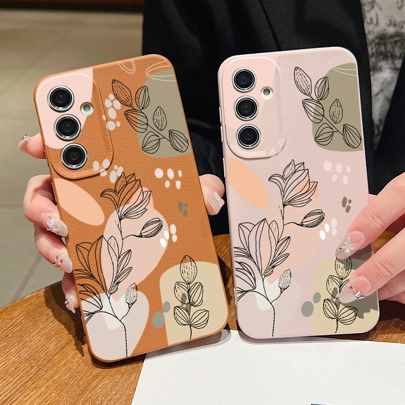 Line Flower Case For Samsung Galaxy A55 A54 A53 A52 A16 A15 A14 A35 A34 A25 5G S20 FE S21 S22 S23 S24 Ultra Capa Leather Texture