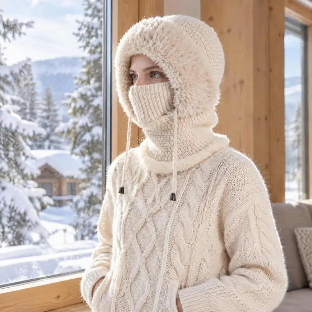 Fashionable Winter Accessory 3 1 Winter Hat Set Knitted Hooded Scarf Mask Combo Soft Velvet Lined Ear Warmer for Weather Outdoor