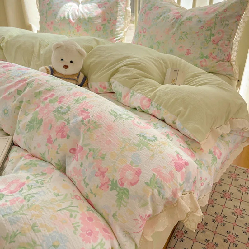 

French Printed Comforter Set with Lace Romantic New Skin Friendly Breathable Bedding Sets Full Twin Double Size Bed Linens