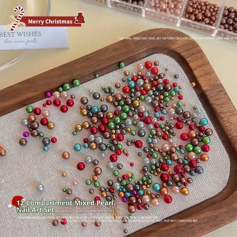 12 Grids Mixed Round Pearls Colourful Stereoscopic Nails Art Decoration Nail Rhinestones Nail Charm Nail Accessories DIY
