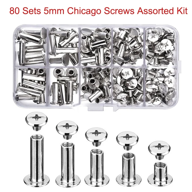 80 Sets Chicago Screws Assorted Kit 5mm Leather Rivets Cross Head Bookbinding Screw Post For Leather Belt DIY Craft