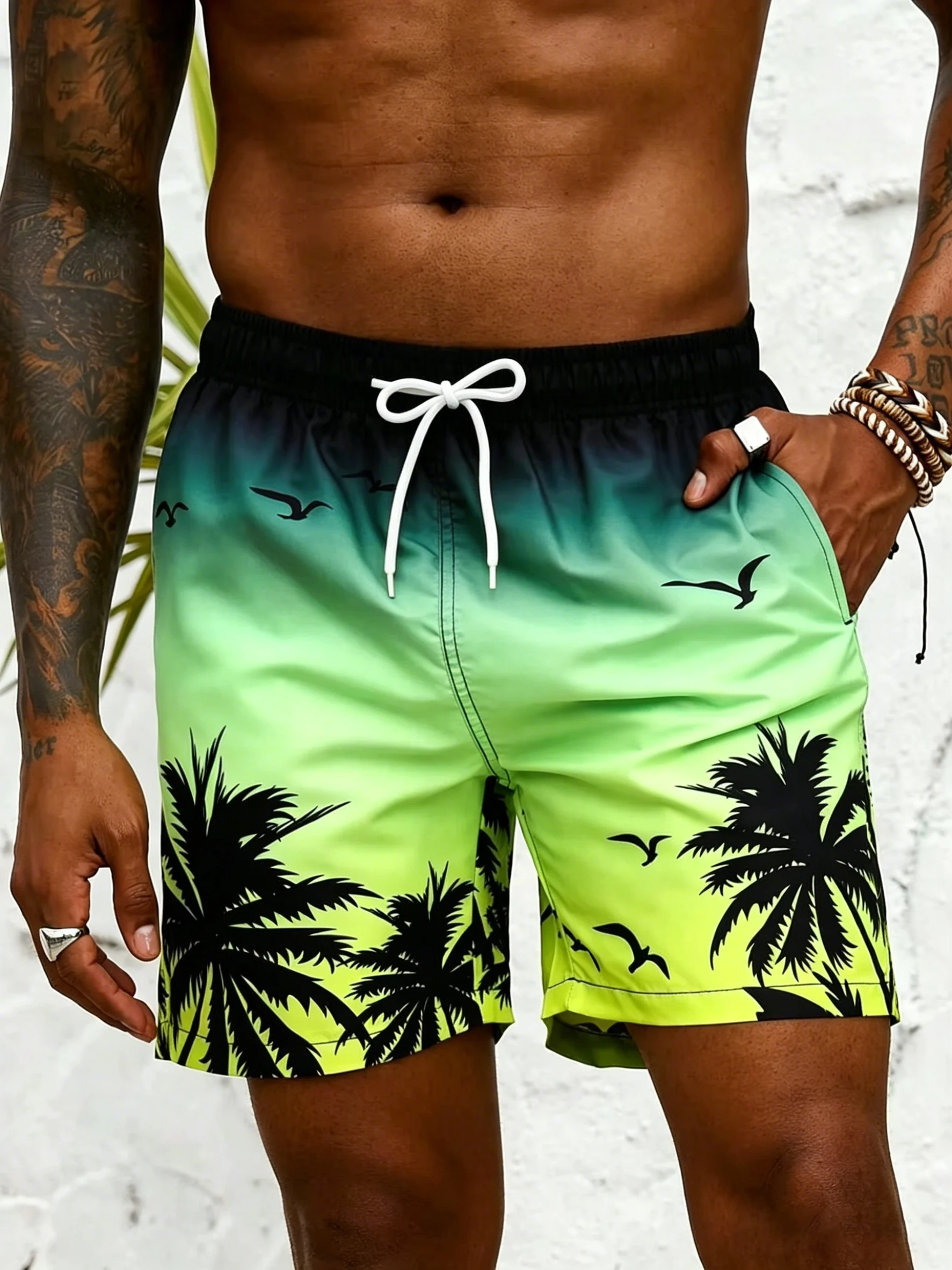 Hot Selling Quick Dry Beach Shorts Men Gradient Palm Seagull Print Hawaiian Casual Swim Pants