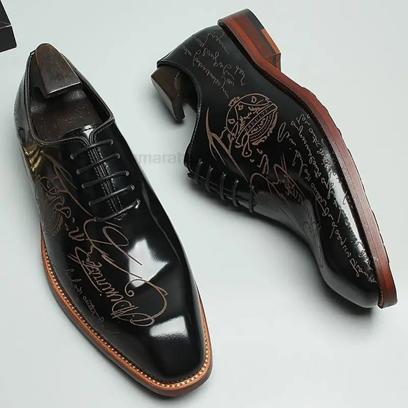 HKDQ Black Yellow Carving Lace Up Mens Dress Shoes Luxury Genuine Leather Summer Designer Quality Wedding Business Oxfords Shoes