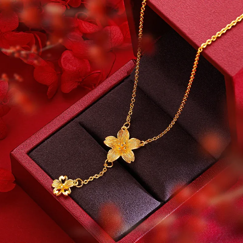 9999 Real Gold 24K Fresh and Sweet Niche Design Cherry Blossom Fringed Collarbone Necklace Female Cold Flower Necklace