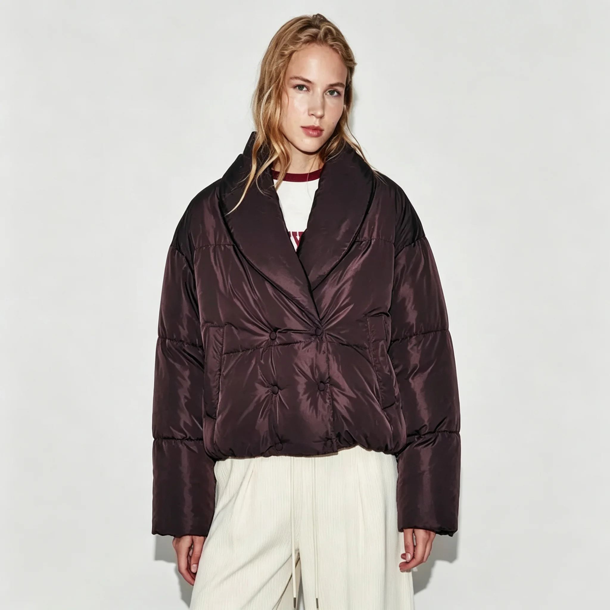RU 2026 New Women Shiny Cropped Puffer Jacket Shawl Lapel Collar Loose Drop Shoulder Warm Autumn Winter Outerwear