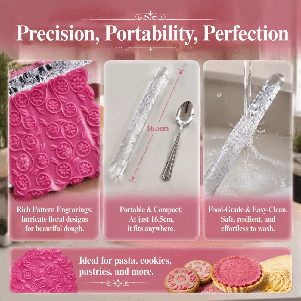Floral Vine Embossed Acrylic Rolling Pin Comfortable Handle Acrylic Dough Rolling Pin Light Weight Compact Size