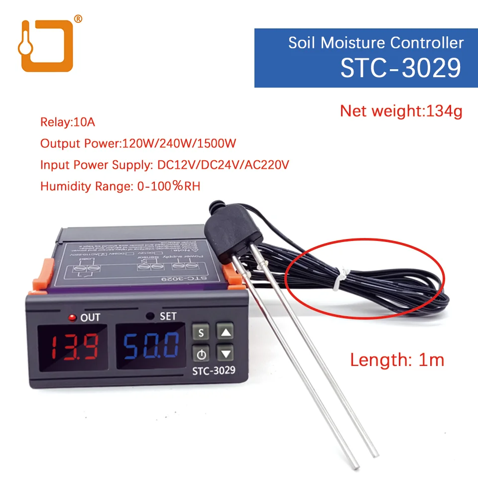 Controlador de umidade do solo stc 3029 12v 24v 110 220v sensor digital 0 100% higrômetro de exibição de relé de alta precisão
