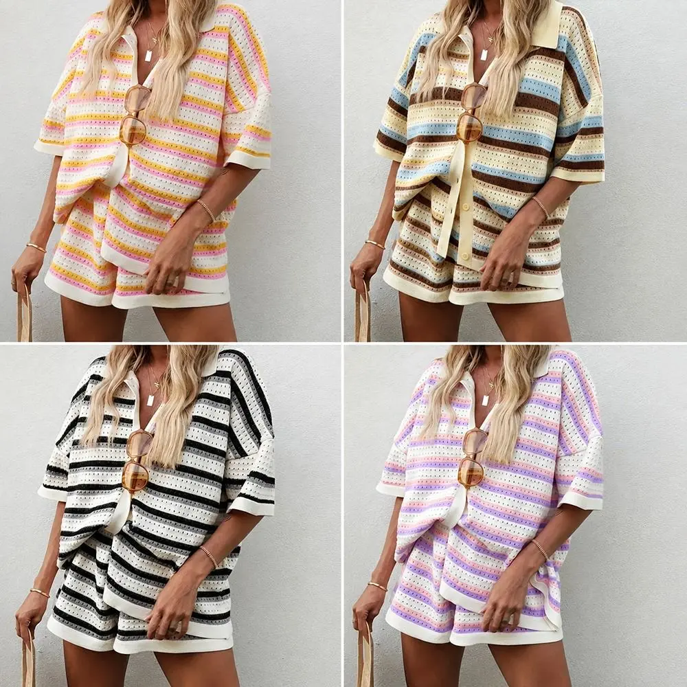 Loose Fit Knitted Shorts Set Single Breasted Short Sleeved Women Two Piece Outfits Button Closure Mixed Color Stripe
