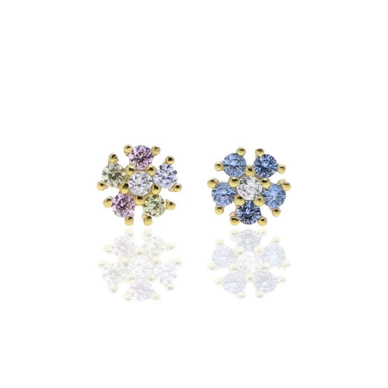 925 Sterling Silver Multicolor CZ Flower Stud Earrings Fashion Gold Color AAA+ Cubic Zirconia Romantic Women Jewelry