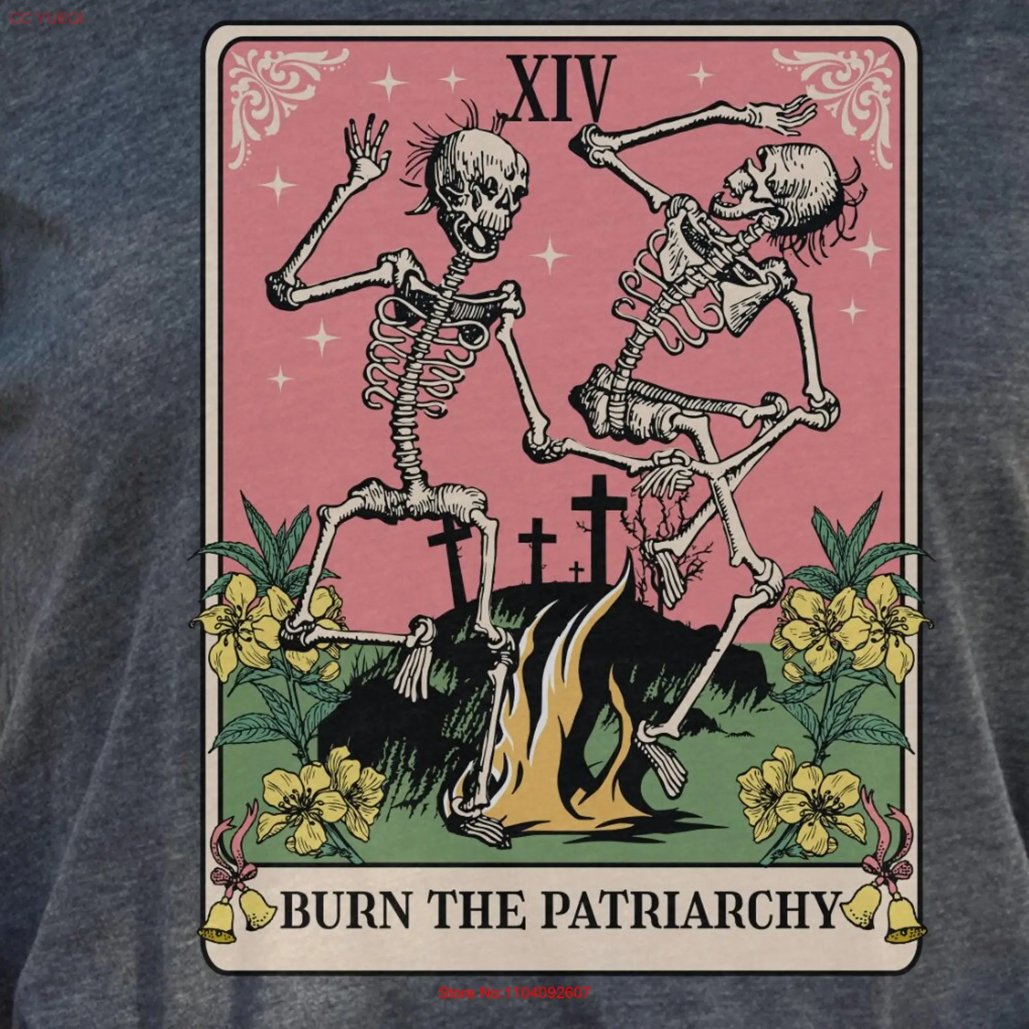 Burn The Patriarchy T Shirt Women's Rights Tarot Card for Goth Feminist Witch Dancing Skeleton Feminism Activist