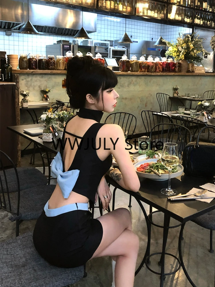 2024 Summer Sexy Backless 2 Piece Skirt Set Woman Bow Sleeveless Vest + Slim Fashion Mini Skirt Outfits Korean Style Set Design