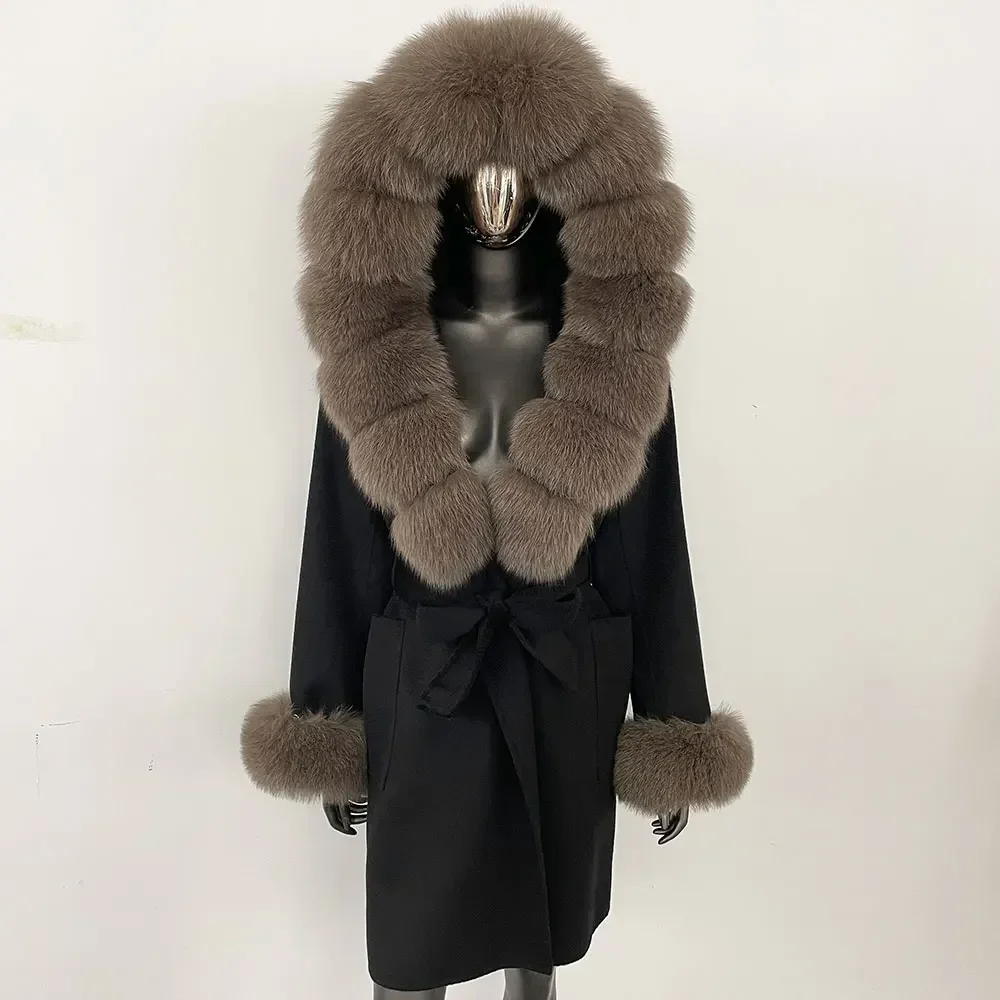 

Real Fox Fur Coat Female Long Hooded Cashmere Jacket Women Wool Coat 2024 New Autumn Winter Warm Natural Fur Woolen Jacket Lady