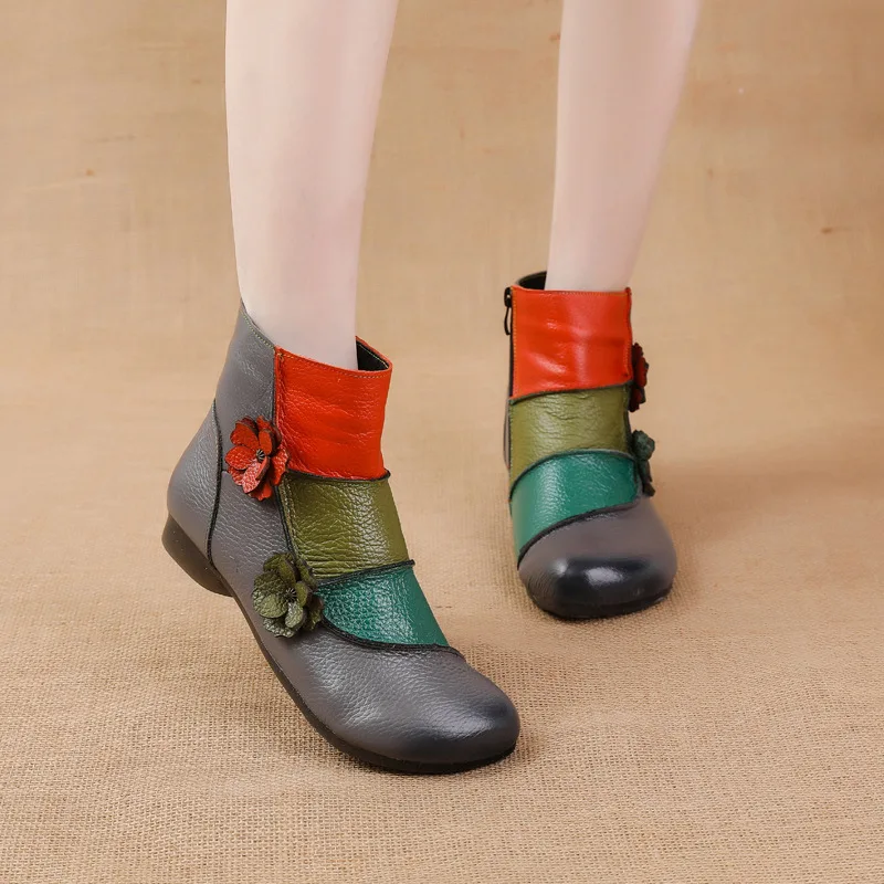 Warm plush ankle boots women's luxury brand shoes genuine leather booties woman designer patches boho boots ladies chic shoes