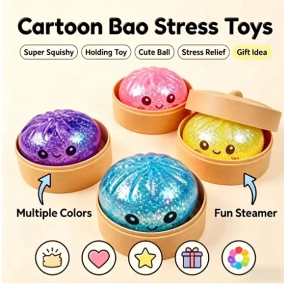 Doll Gift Glitter Dumpling Squishy with Box Dumplings Sensory Steamer Soft TPR Dough Ball for Decompression Fidget Stress Relief